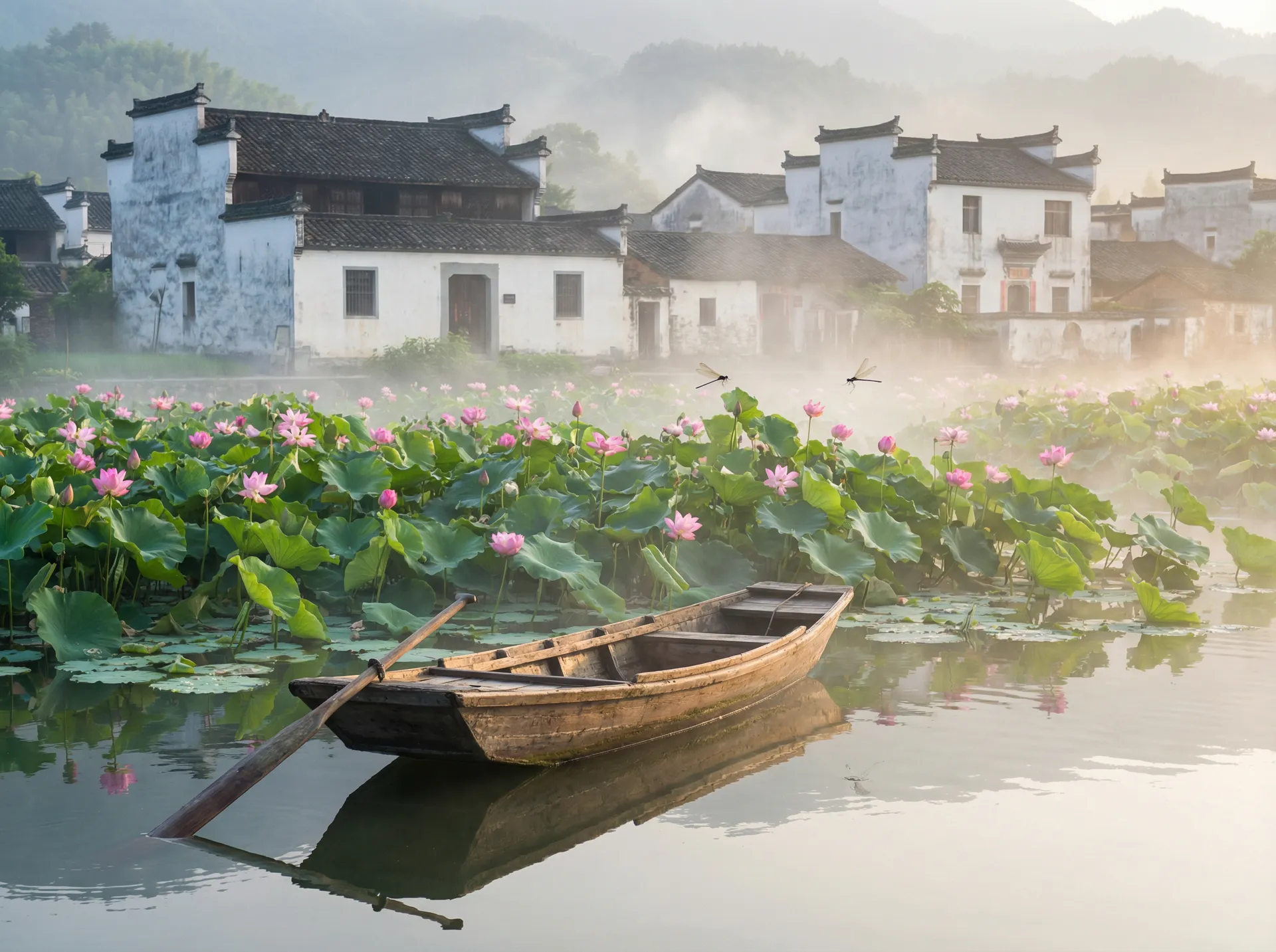 清晨荷塘小舟，粉色荷花盛开，白墙黑瓦的村庄 - 热浪球爱战国语 水乡风情
